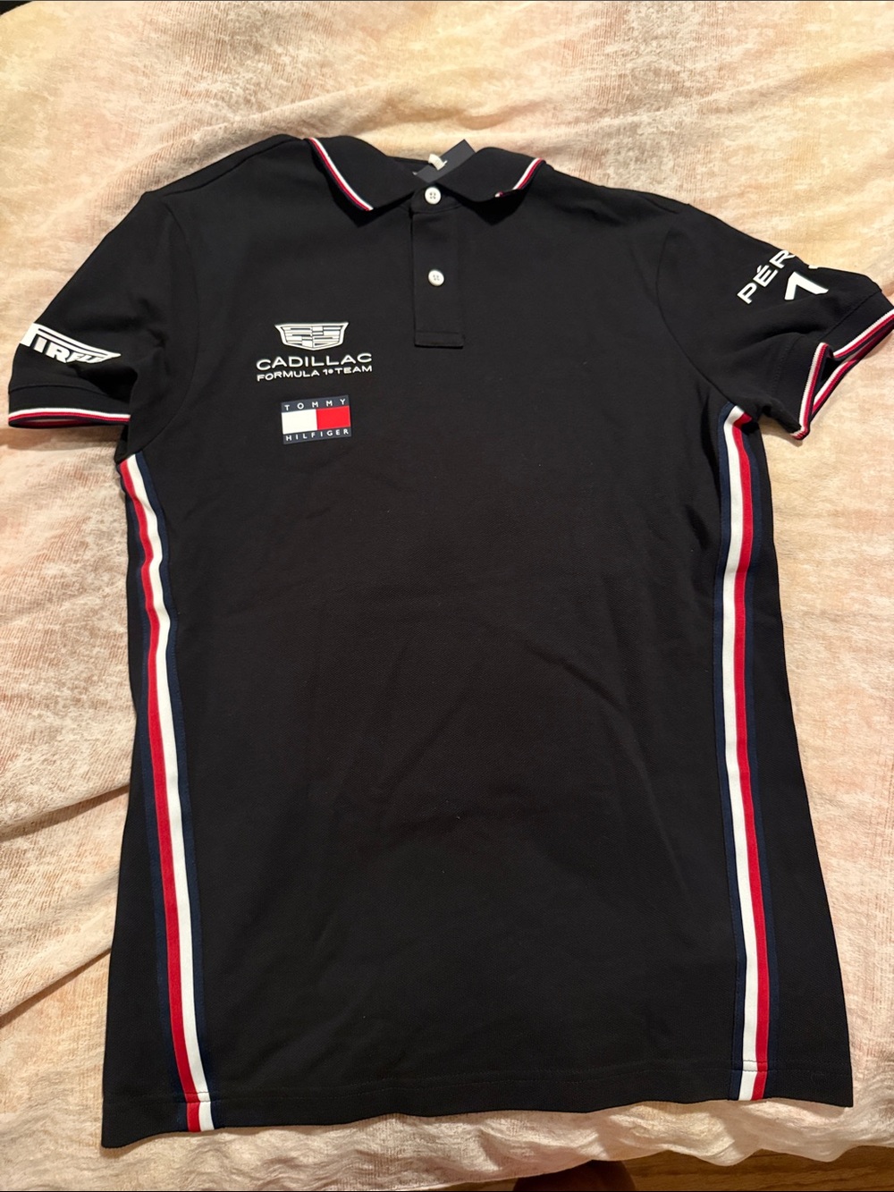 Perez F1 Tommy Hilfiger Cadillac Black Polo w/Red/White Racing Stripes NWT